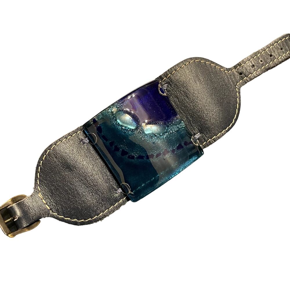 Unique Vivid Blue Art Glass Leather Buckle Bracelet - Picture 5 of 8